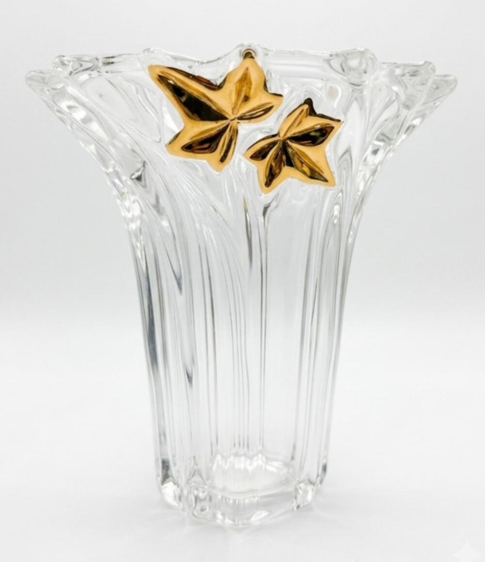Vintage Mikasa Crystal Golden Ivy 6" Fluted Swirl Vase, Flared Cut Glass Autumn